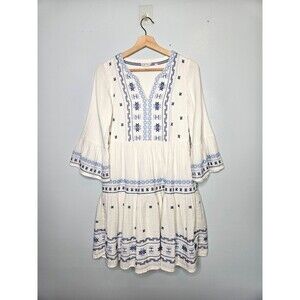 FAT FACE Embroidered Dress 2 Boho Peasant Cotton Gauze White Blue Tiered Lined